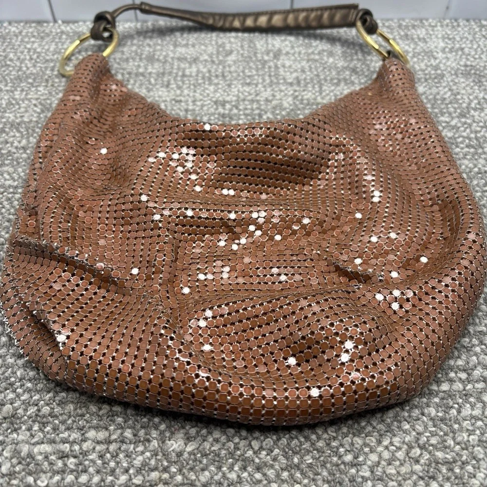 Brown Castle Core Chain Mesh Handbag Purse Zipper Top Hoop Handle Holder Cool H3